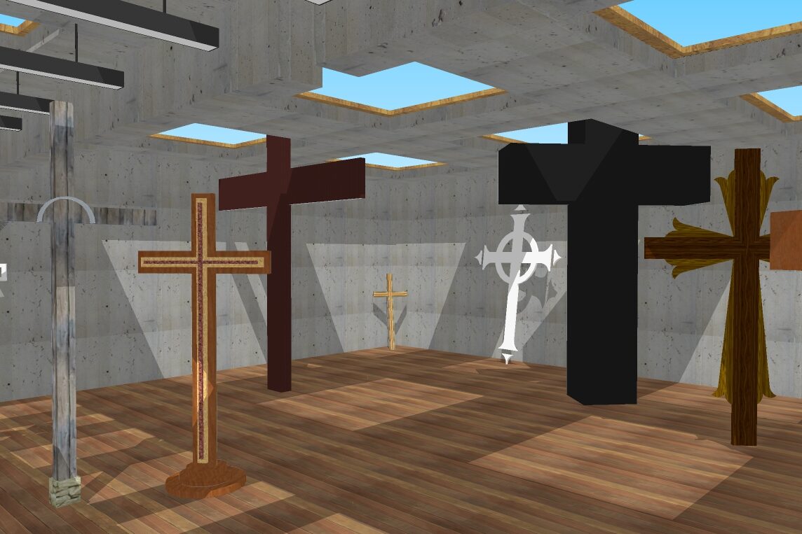 Room filled with crosses of all types and sizes, from very large, to very small.